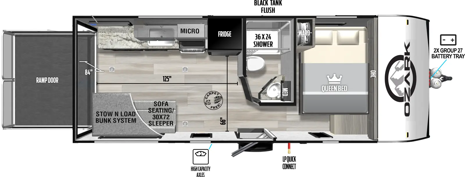 The 1900THK has zero slideout, one entry, and a rear ramp door. Exterior features front 2x group 27 battery tray, LP quick connect, high capacity axles, and black tank flush. Interior layout front to back: side-facing queen bed with overhead cabinet, and off-door side wardrobe; off-door side full bathroom with medicine cabinet; door side entry; off-door side refrigerator, and kitchen counter that extends to the rear with cooktop, sink, overhead cabinet and microwave; rear door side sleeper sofa below a stow n load bunk system. Carpet Free Interior. Garage Dimensions: 84 inch rear opening, 125 inch from rear to bathroom, 66 inch from door side to kitchen counter.